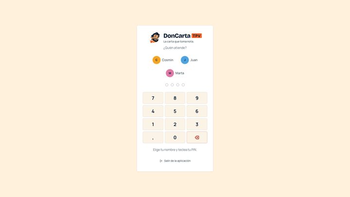 Pantalla de entrada: cada empleado elige su nombre y teclea su PIN