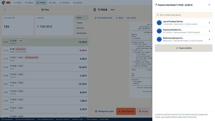 Convertir un ticket en factura eligiendo el cliente