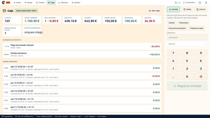 Caja con el turno abierto, entradas y salidas de efectivo