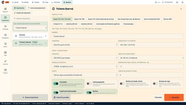 Ajustes de impresora de tickets con perfiles por marca y conexión