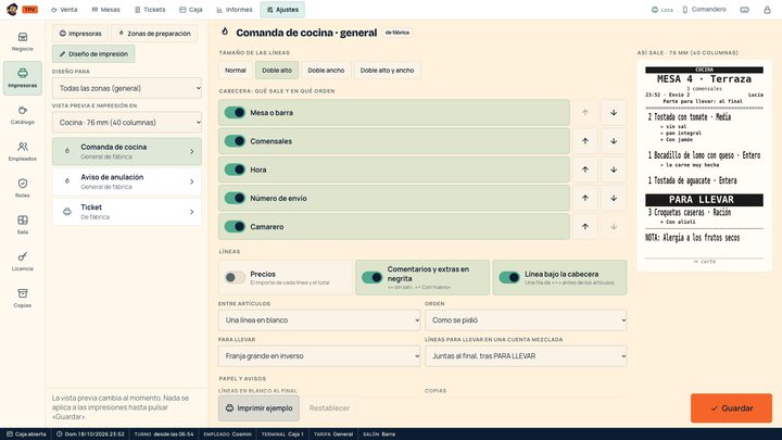 Diseño de la comanda con vista previa en vivo