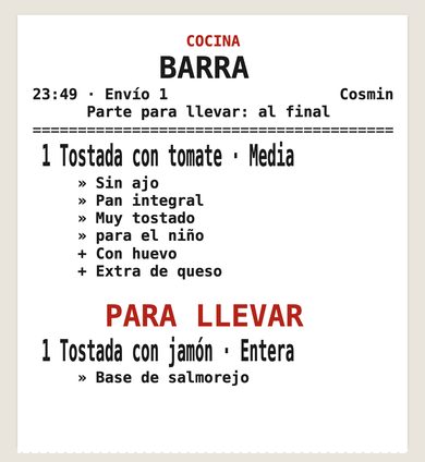 Comanda de cocina impresa, con su parte para llevar