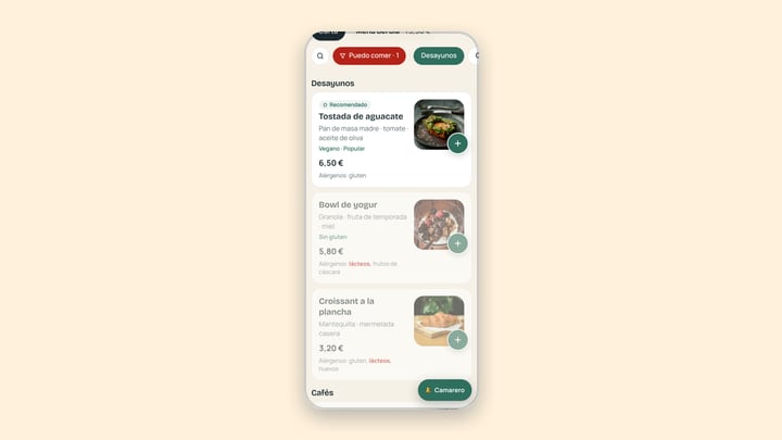 Filtro «Puedo comer» con los alérgenos marcados en rojo