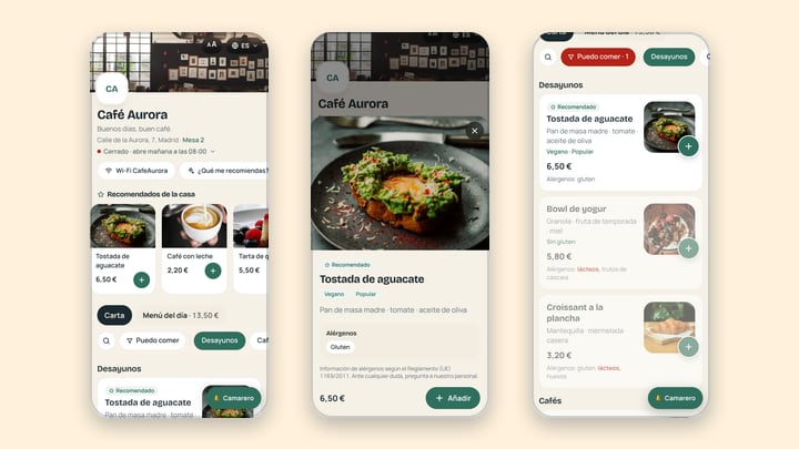 La carta de Don Carta en el móvil: inicio, ficha de plato y filtro de alérgenos
