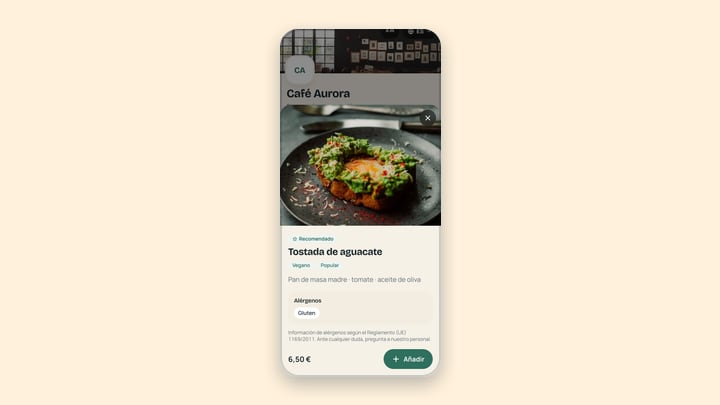 Ficha de un plato con foto grande, descripción y alérgenos