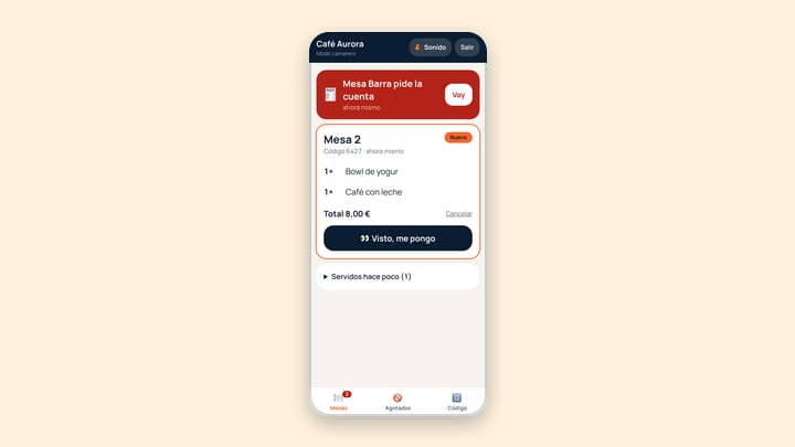 Modo camarero en el móvil del personal: pedidos y avisos por mesa
