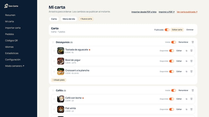 Panel de Don Carta: la carta con sus categorías y platos