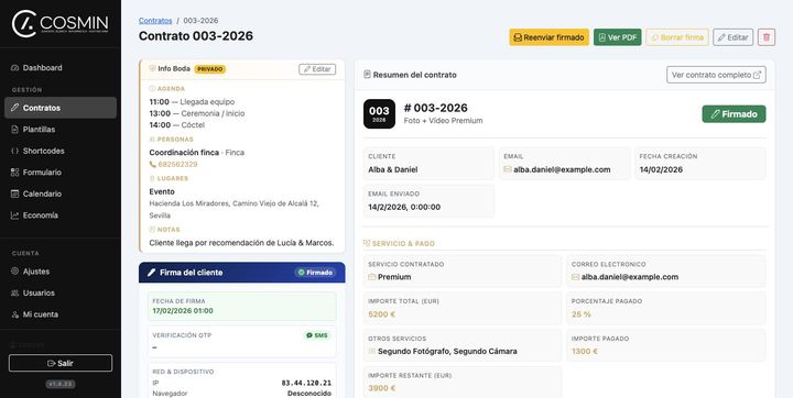 Ficha de contrato con la sección privada Info Boda: agenda del día, contactos y lugares