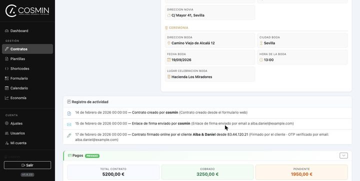 Registro de actividad del contrato: creación, envío, IP y método de verificación de la firma