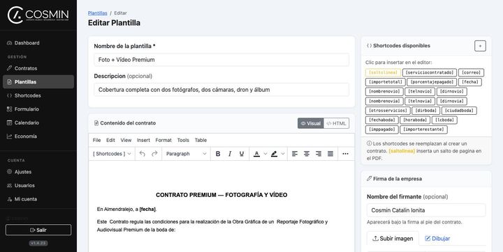 Editor visual de plantillas de contrato con shortcodes y firma de la empresa
