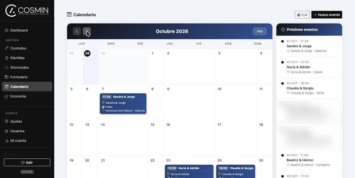 Calendario mensual con las bodas contratadas y próximos eventos