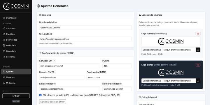 Ajustes: nombre, URL, logos, color y SMTP propio