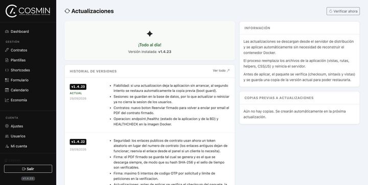 Pantalla de actualizaciones con copias previas de la versión anterior
