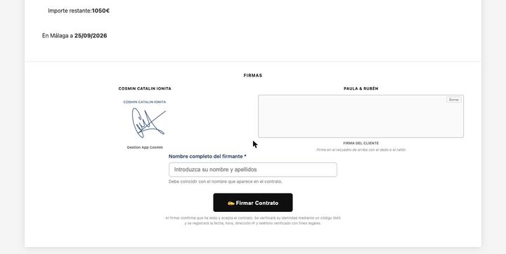 Bloque de firma del cliente: recuadro para firmar con el dedo, nombre completo y verificación por código
