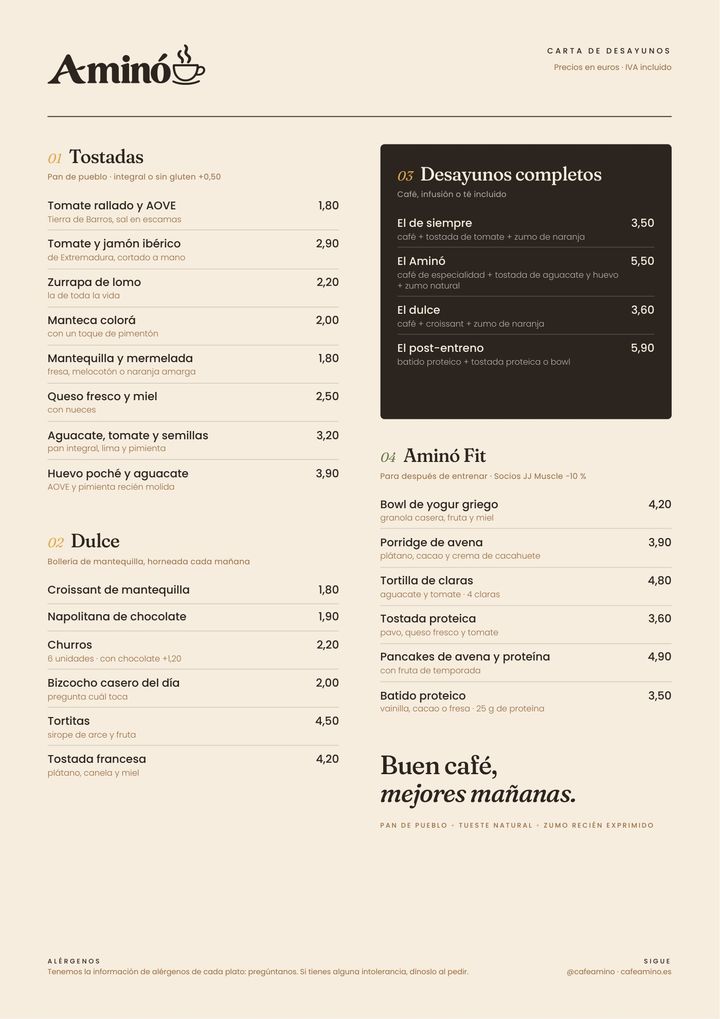 Carta A4: seis secciones numeradas y desayunos completos