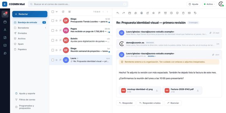 Conversación agrupada con aviso de remitente externo y adjuntos