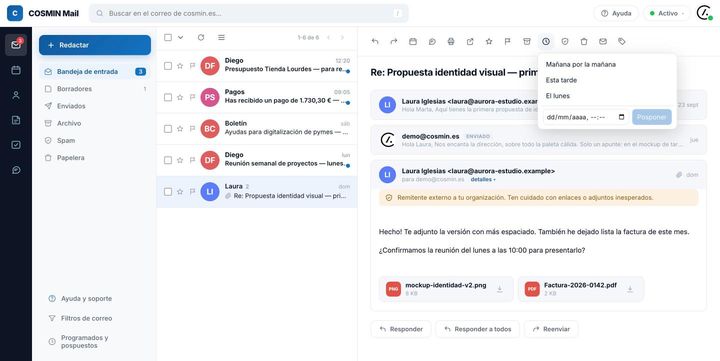 Popover Posponer sobre una conversación: mañana por la mañana, esta tarde, el lunes o fecha