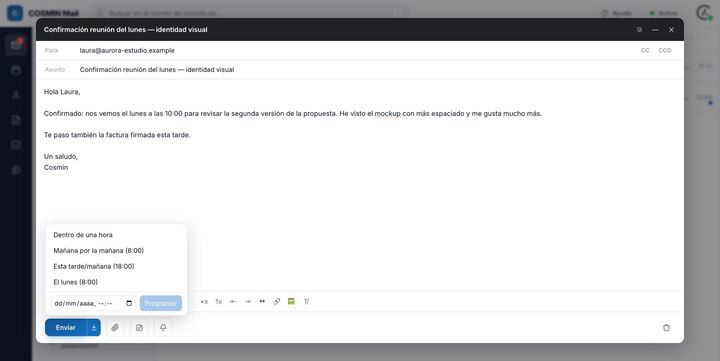 Popover de Enviar más tarde: dentro de una hora, mañana, esta tarde, el lunes o fecha a elegir