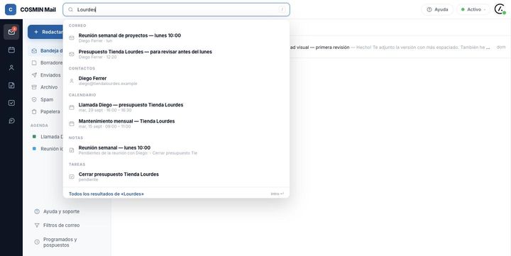 Búsqueda universal mostrando resultados de correo, contactos, calendario, notas y tareas a la vez