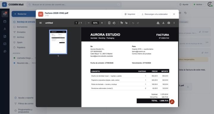 Visor integrado mostrando una factura en PDF sin salir del correo
