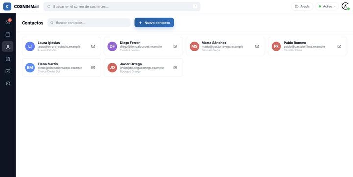 Listado de contactos con empresa, correo y teléfono
