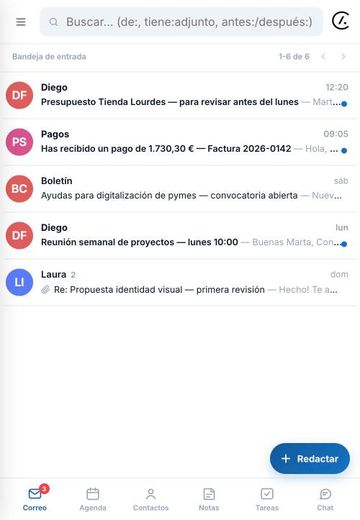 Webmail en el móvil: bandeja de entrada con navegación inferior